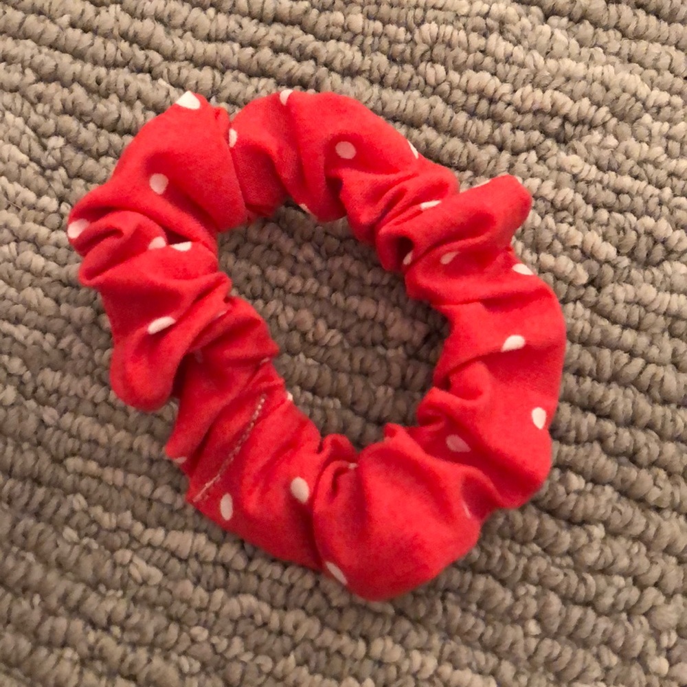 Homemade pink polka dot scrunchie